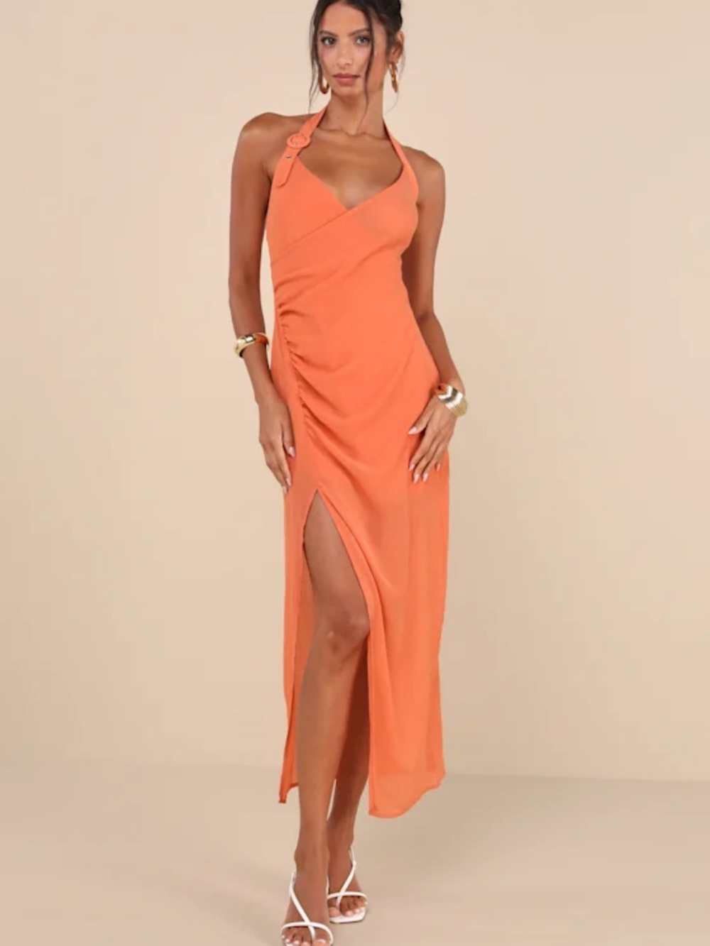 Lulu's Coral Orange Halter Midi Dress with Side Slit